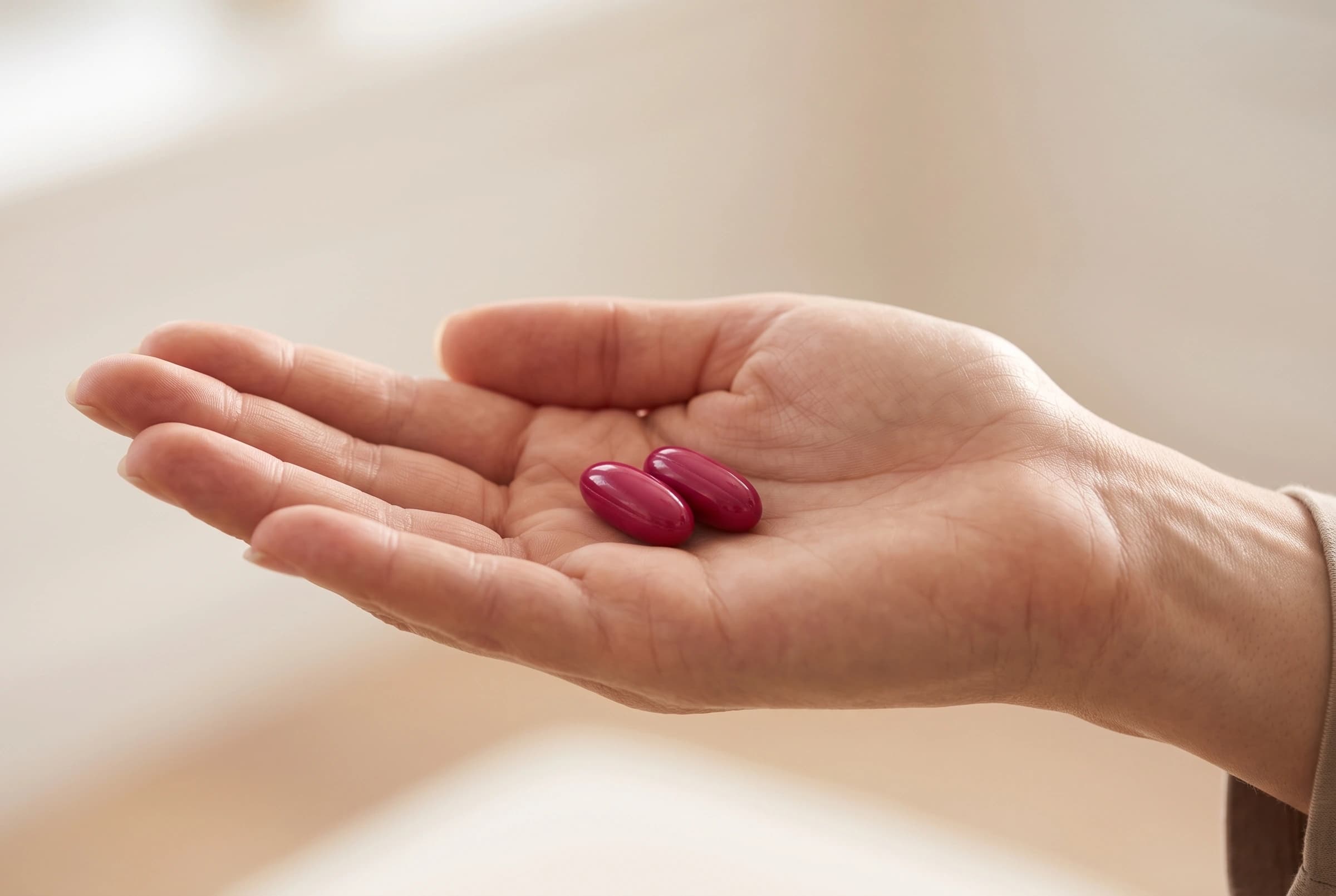 An open palm holding two deep-raspberry Soundbites ACEMg softgel capsules, in soft daylight