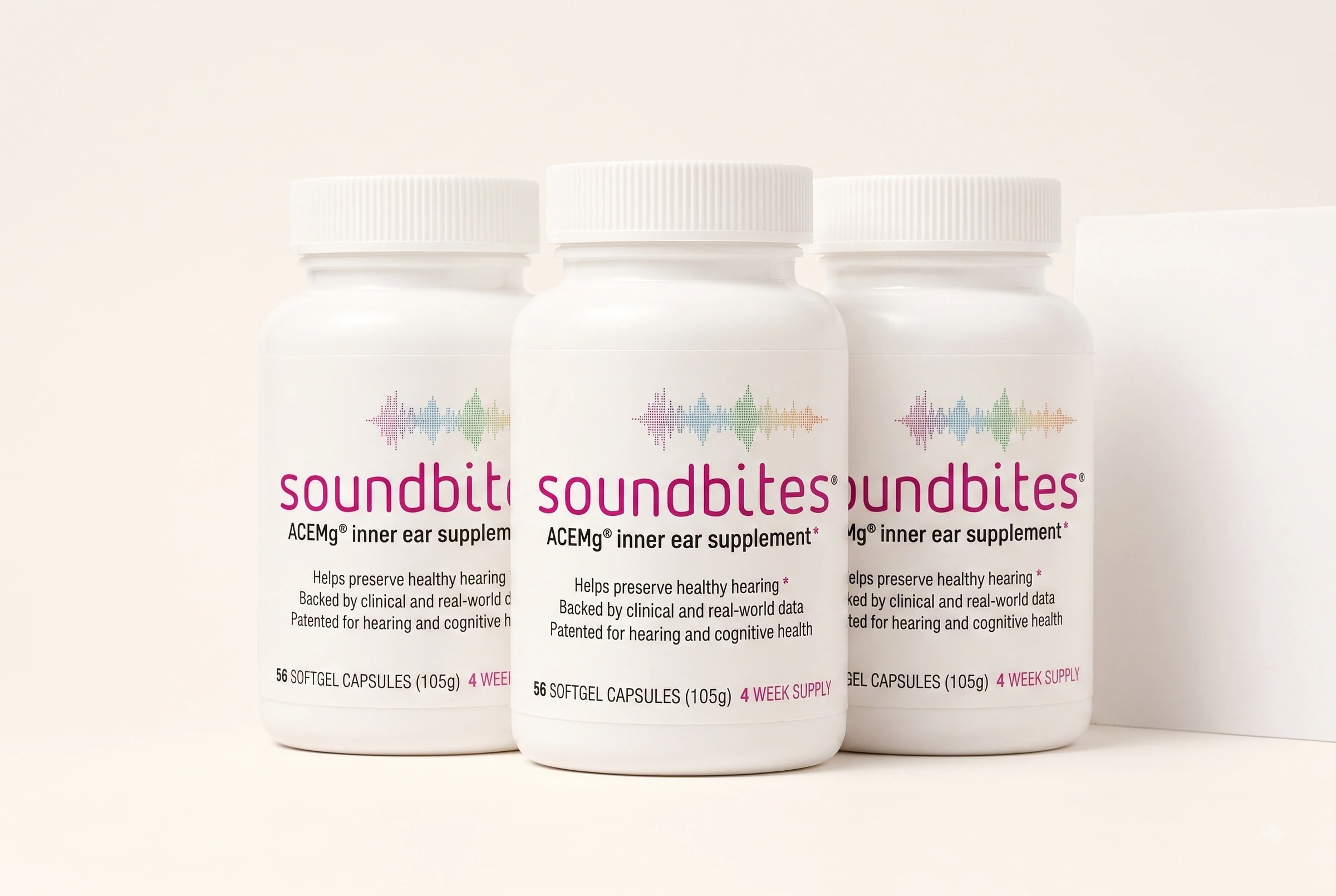 Three bottles of Soundbites ACEMg, the twelve-week Starter Kit