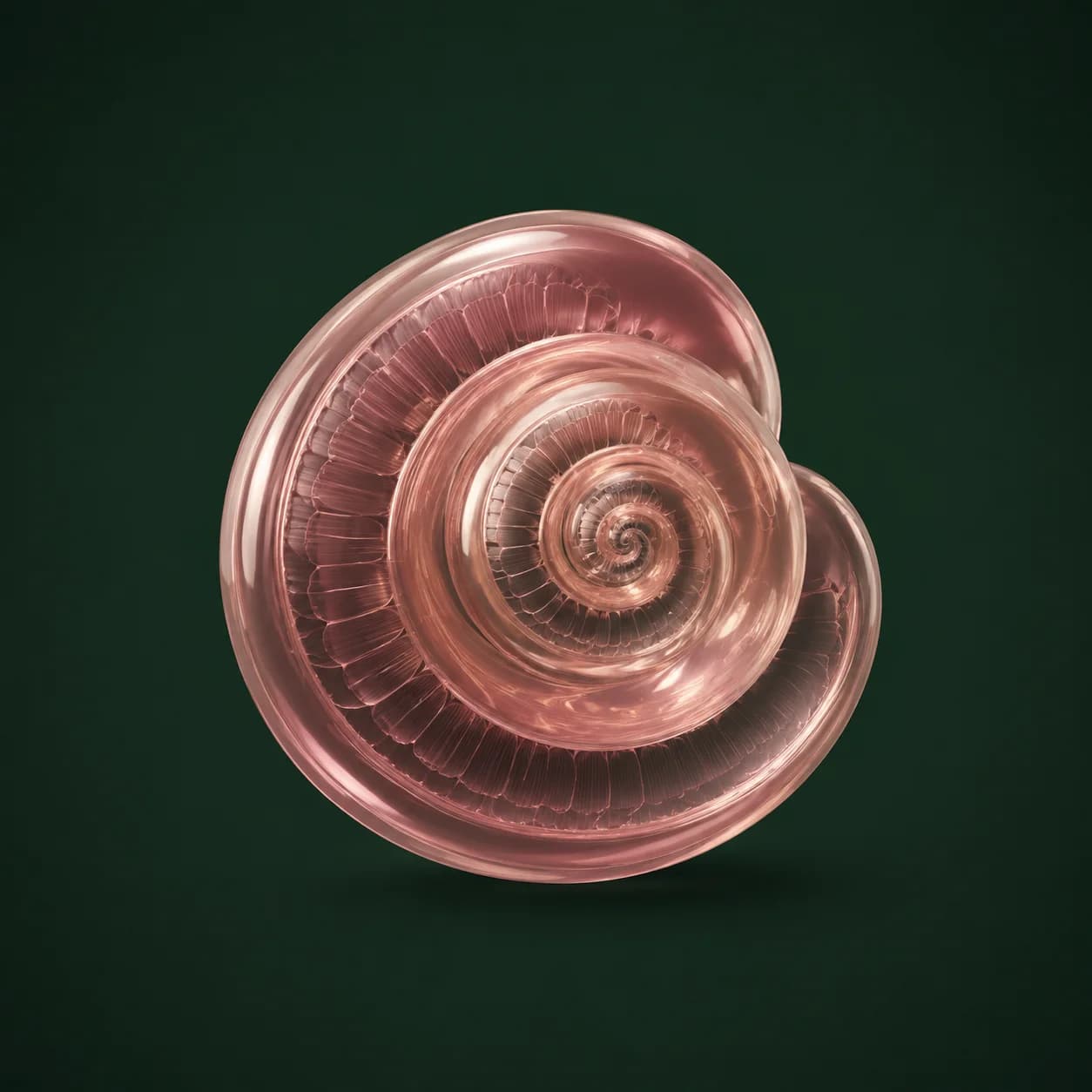 Translucent rose glass interpretation of the cochlea’s spiral shape, an artistic illustration